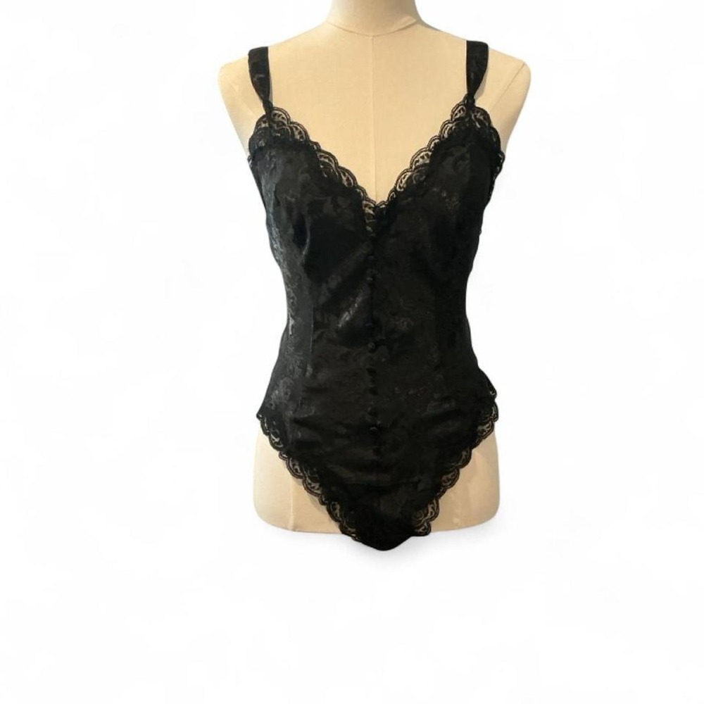 VTG Victoria's Secret Bodysuit Women Small Black Excellent Lace Floral Jacquard